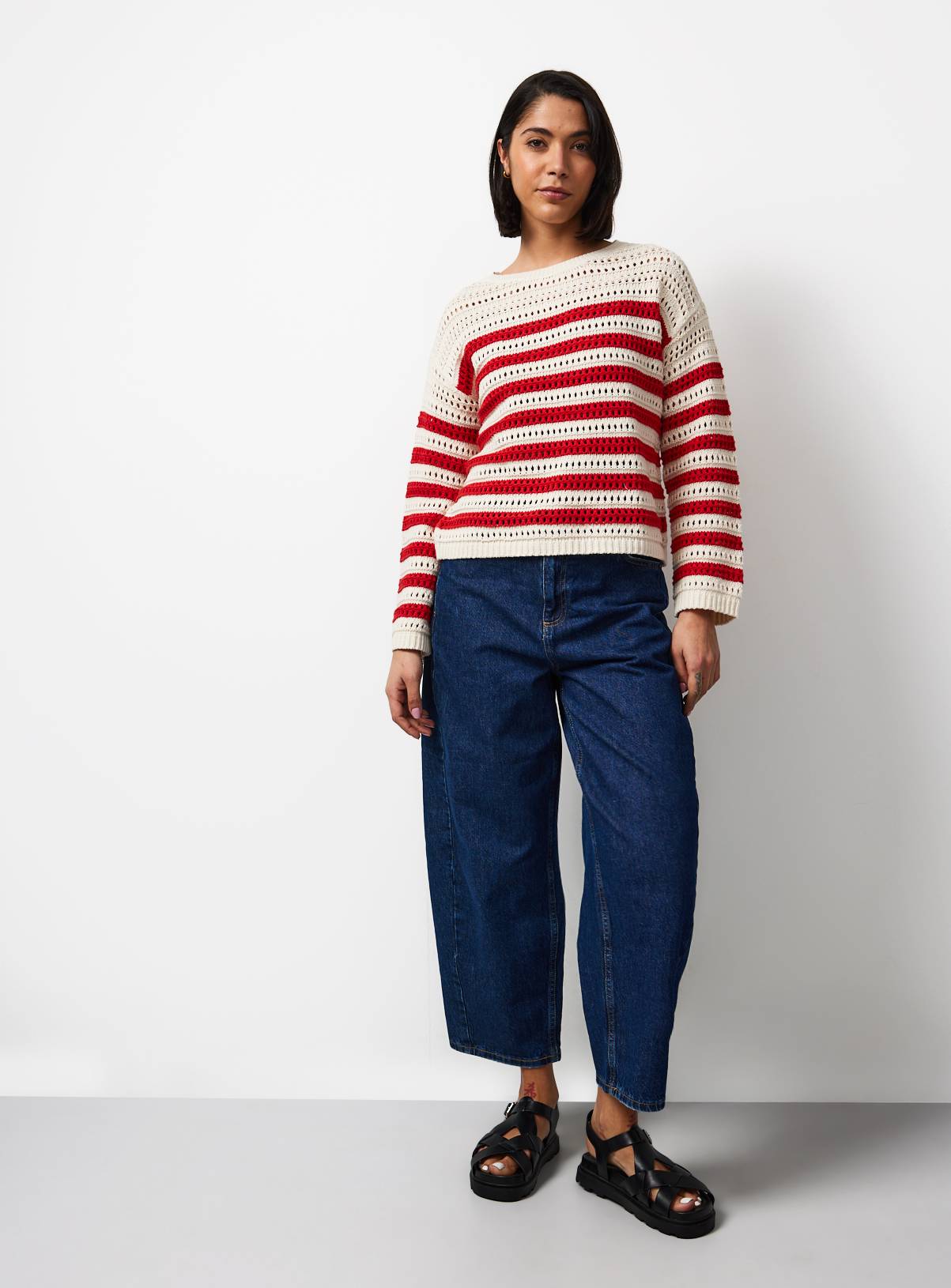 Red & White Stripe Airtex Cotton Crochet Knit Jumper L - Image 2